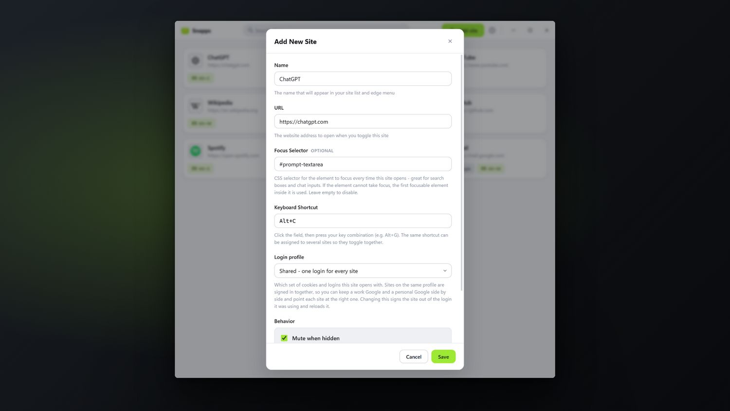 The Add site dialog in Snapps, with fields for name, URL and shortcut