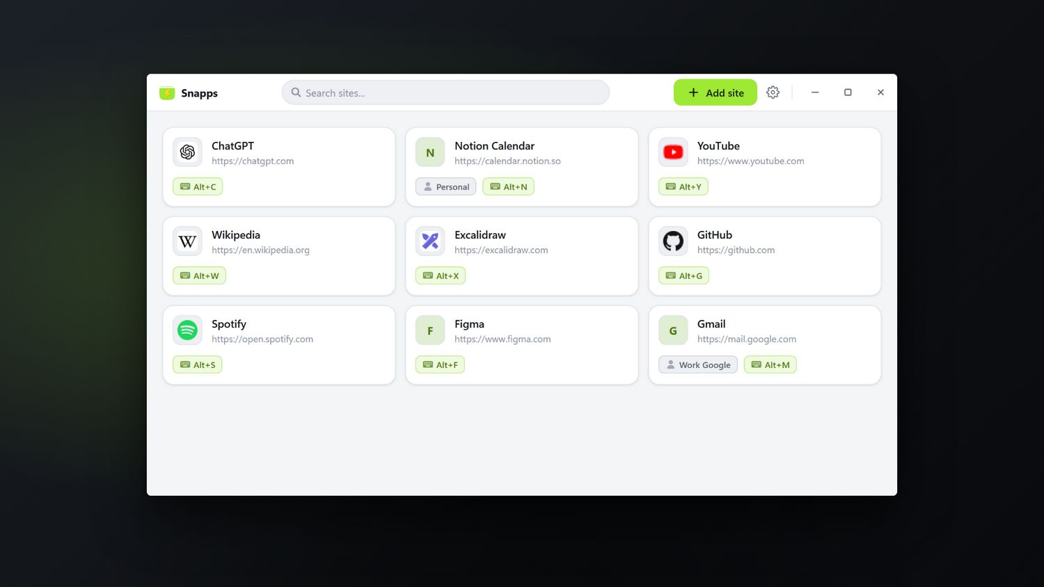 The Snapps window listing sites, each with its own keyboard shortcut