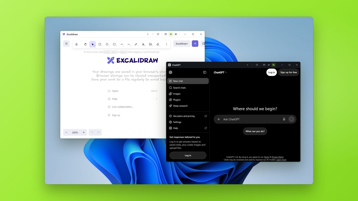 Two Snapps windows floating over a Windows desktop