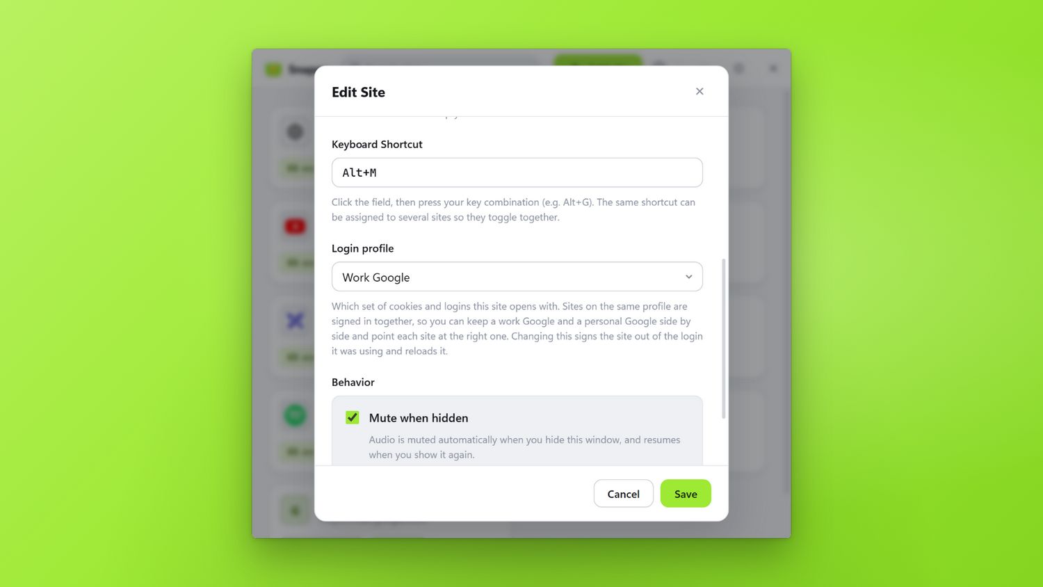 A site's settings in Snapps, with its login profile set to Work Google