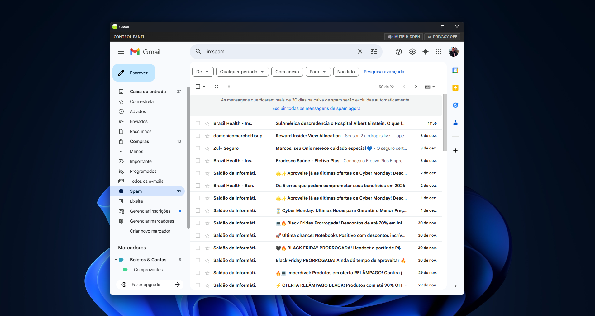 Gmail in Snapps floating window